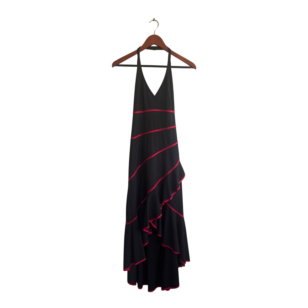 Charlotte Russe Black Red Ribbon Trim Halter High-Low Ruffle Maxi Dress Medium